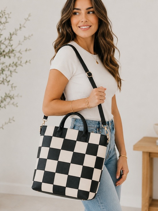 Pretty Simple Handbags - Pretty Simple Courtney Tote Woven Vegan Leather Checkered Black/White